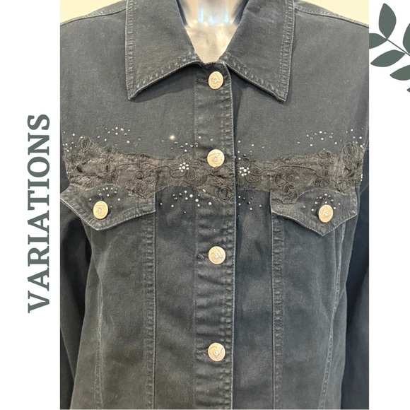Variations Black Denim Jacket with Lace & Rhinestone Detail Size Medium - Picture 5 of 7